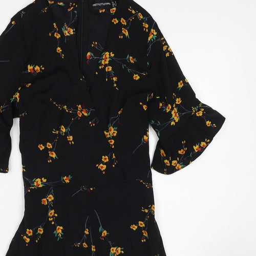 PRETTYLITTLETHING Womens Black Floral Polyester Skater Dress Size 6 V-Neck Zip