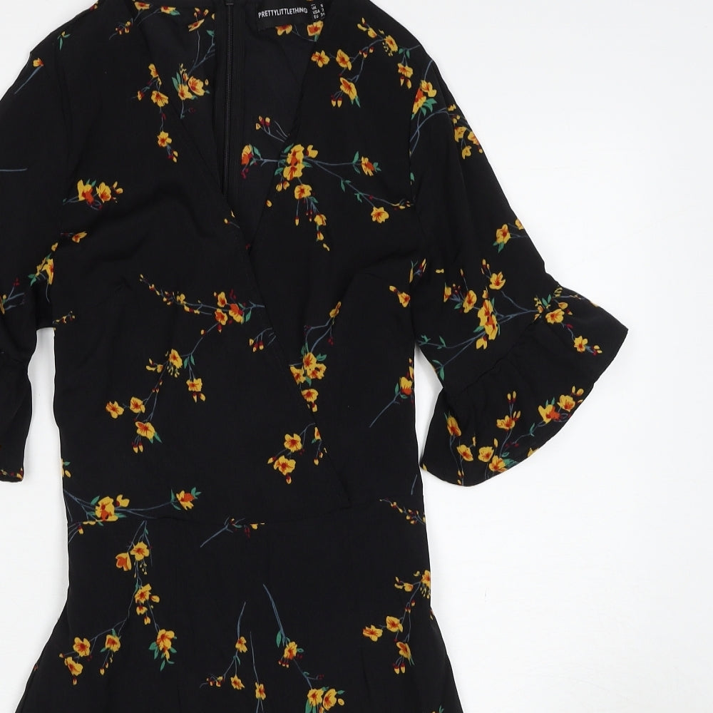 PRETTYLITTLETHING Womens Black Floral Polyester Skater Dress Size 6 V-Neck Zip