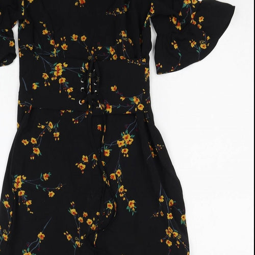 PRETTYLITTLETHING Womens Black Floral Polyester Skater Dress Size 6 V-Neck Zip
