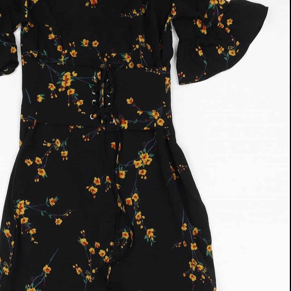 PRETTYLITTLETHING Womens Black Floral Polyester Skater Dress Size 6 V-Neck Zip