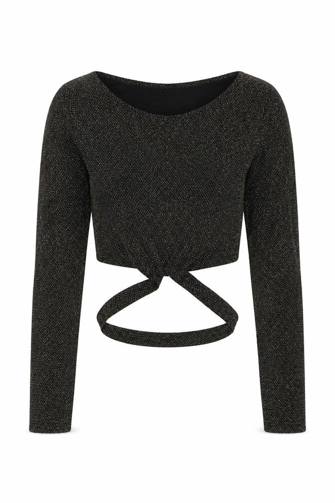 Front view of Missguided women’s gold round neck geometric polyester jumper, size UK 8