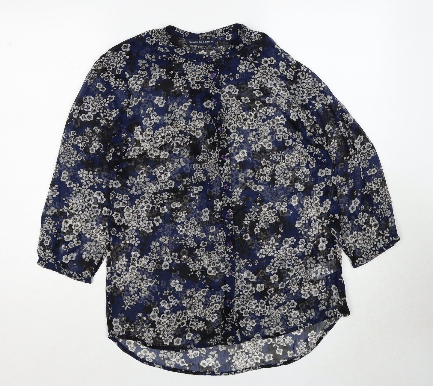 French Connection Womens Blue Floral Polyester Basic Button-Up Size 6 V-Neck