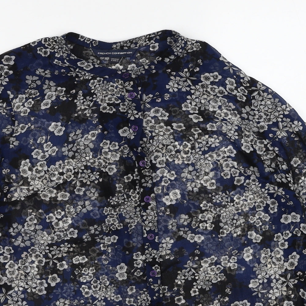 French Connection Womens Blue Floral Polyester Basic Button-Up Size 6 V-Neck
