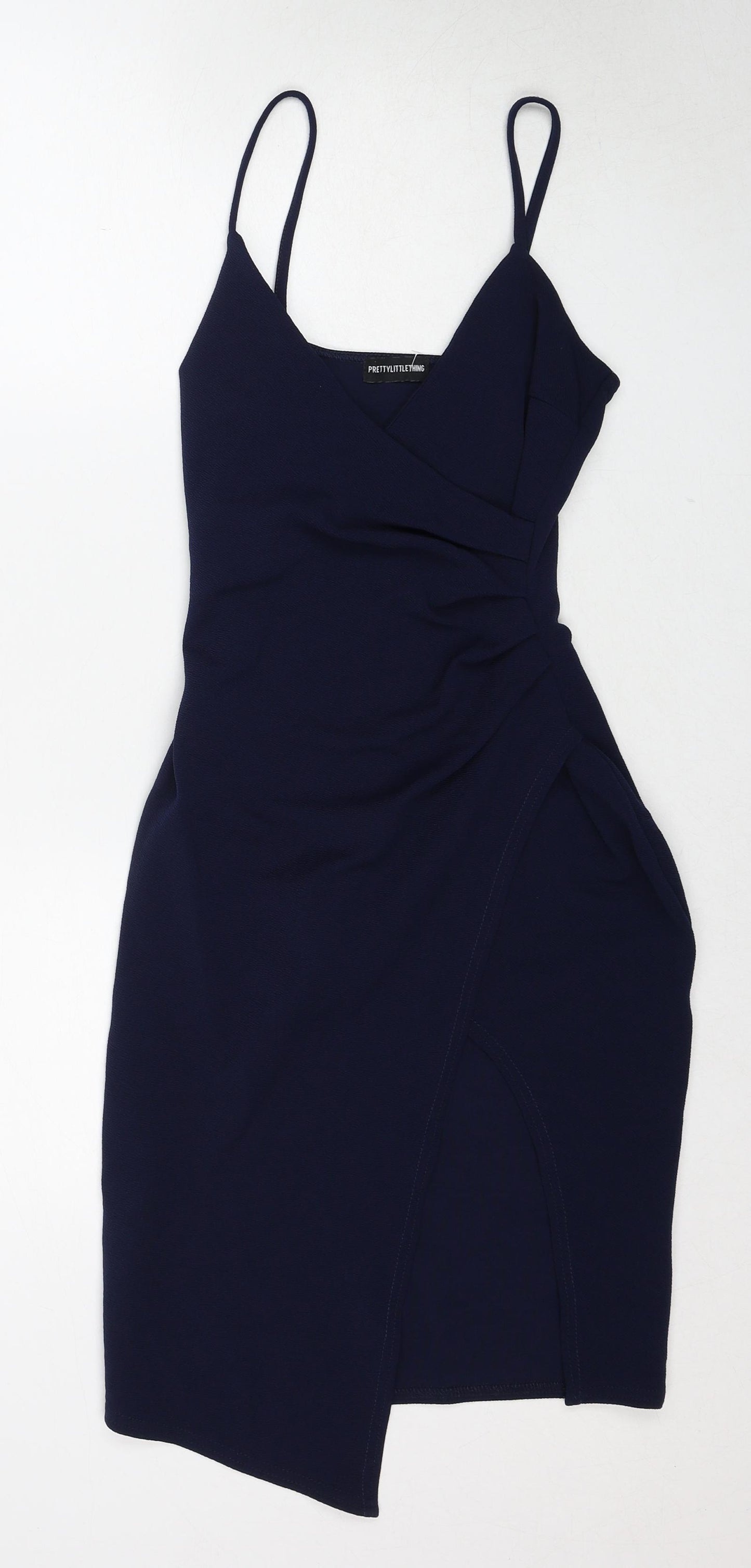 PRETTYLITTLETHING Womens Blue Polyester Slip Dress Size 10 V-Neck Pullover