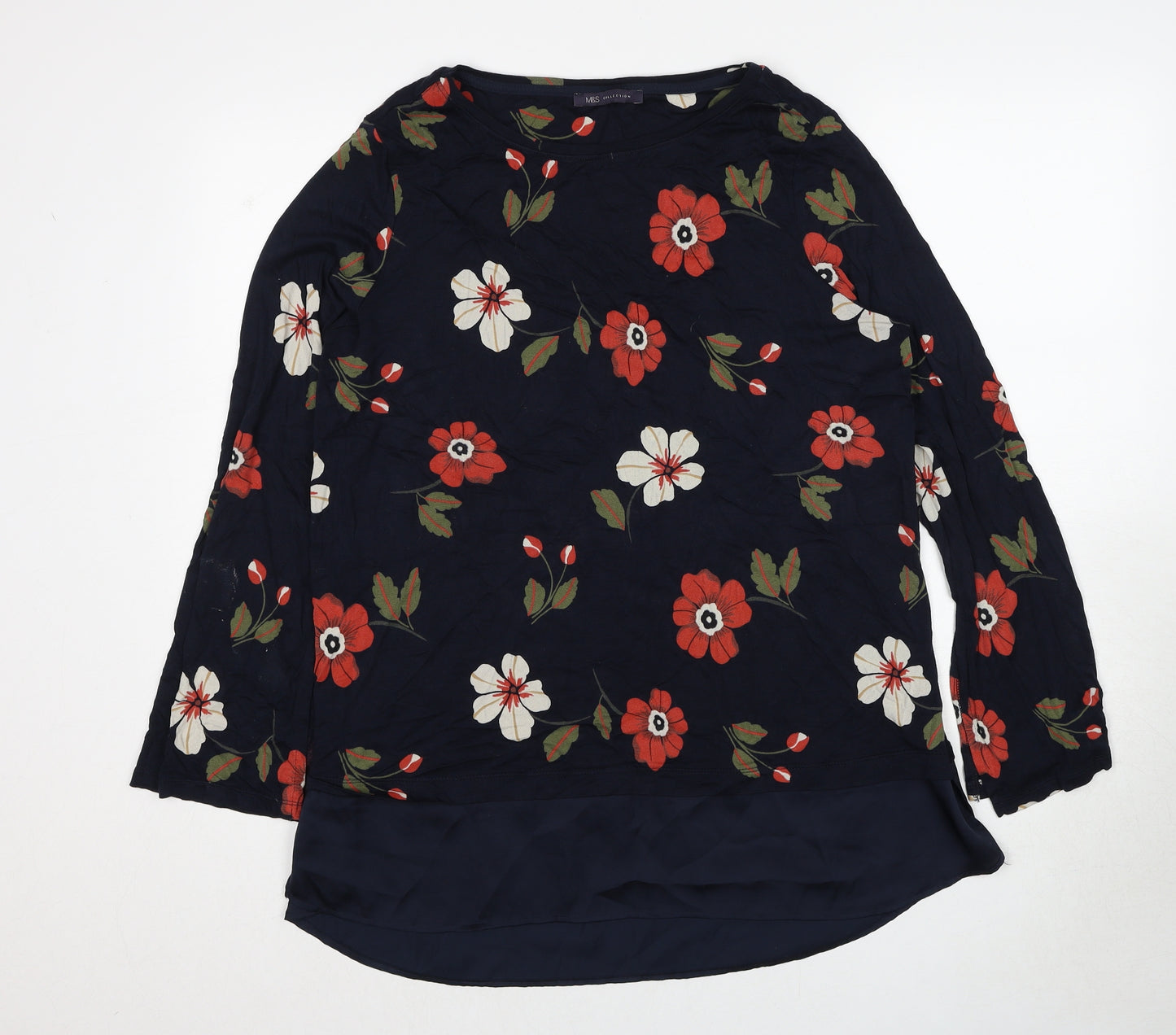 Marks and Spencer Womens Blue Floral Viscose Basic Blouse Size 16 Round Neck