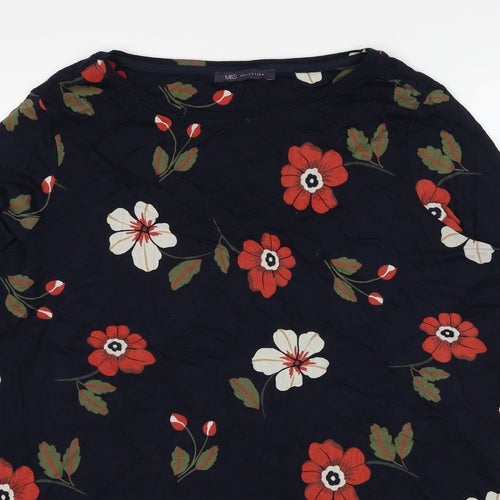 Marks and Spencer Womens Blue Floral Viscose Basic Blouse Size 16 Round Neck