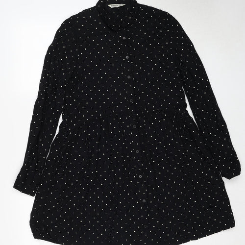 Stradivarius Womens Black Polka Dot Viscose Shirt Dress Size S Collared Button