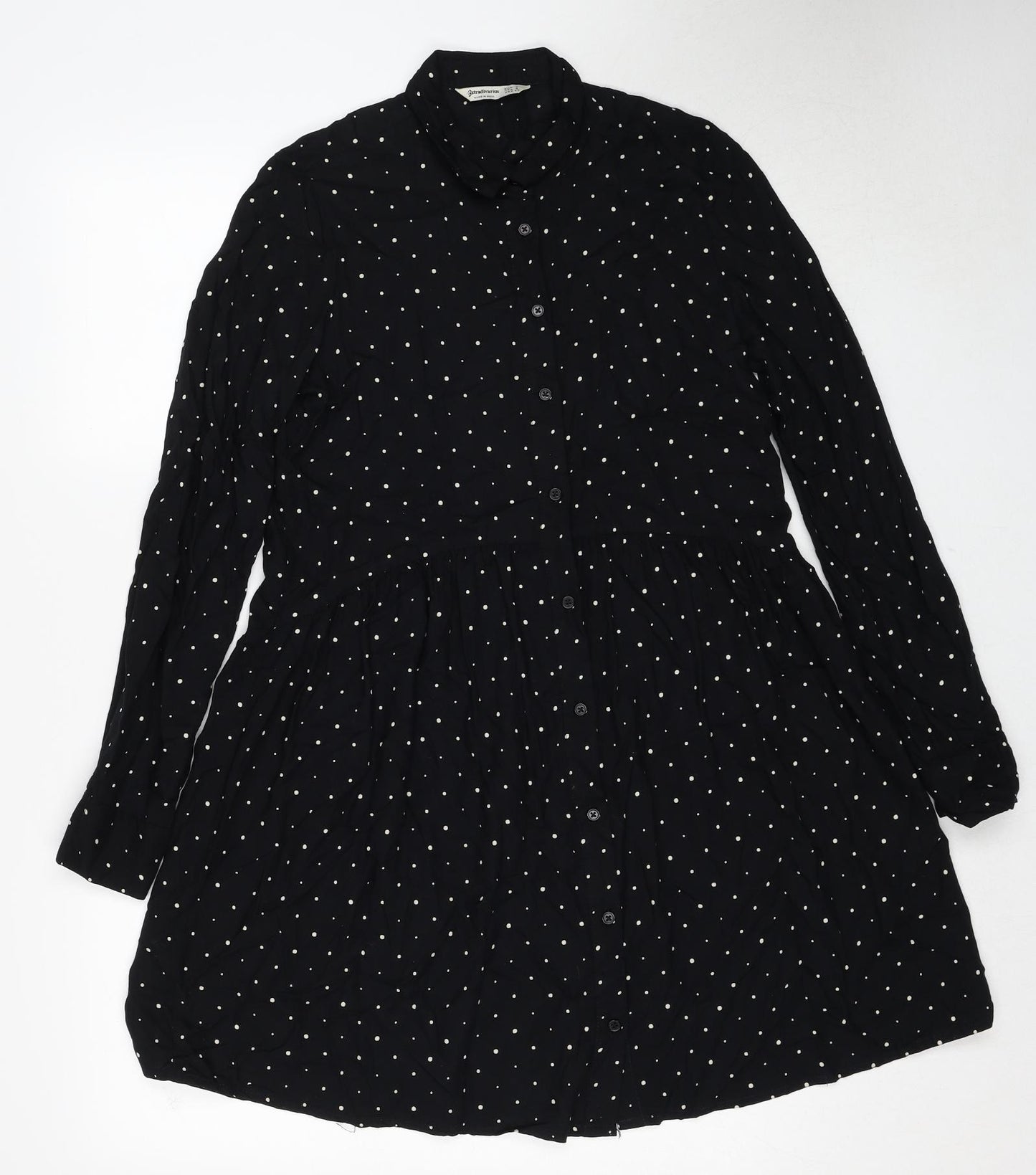 Stradivarius Womens Black Polka Dot Viscose Shirt Dress Size S Collared Button