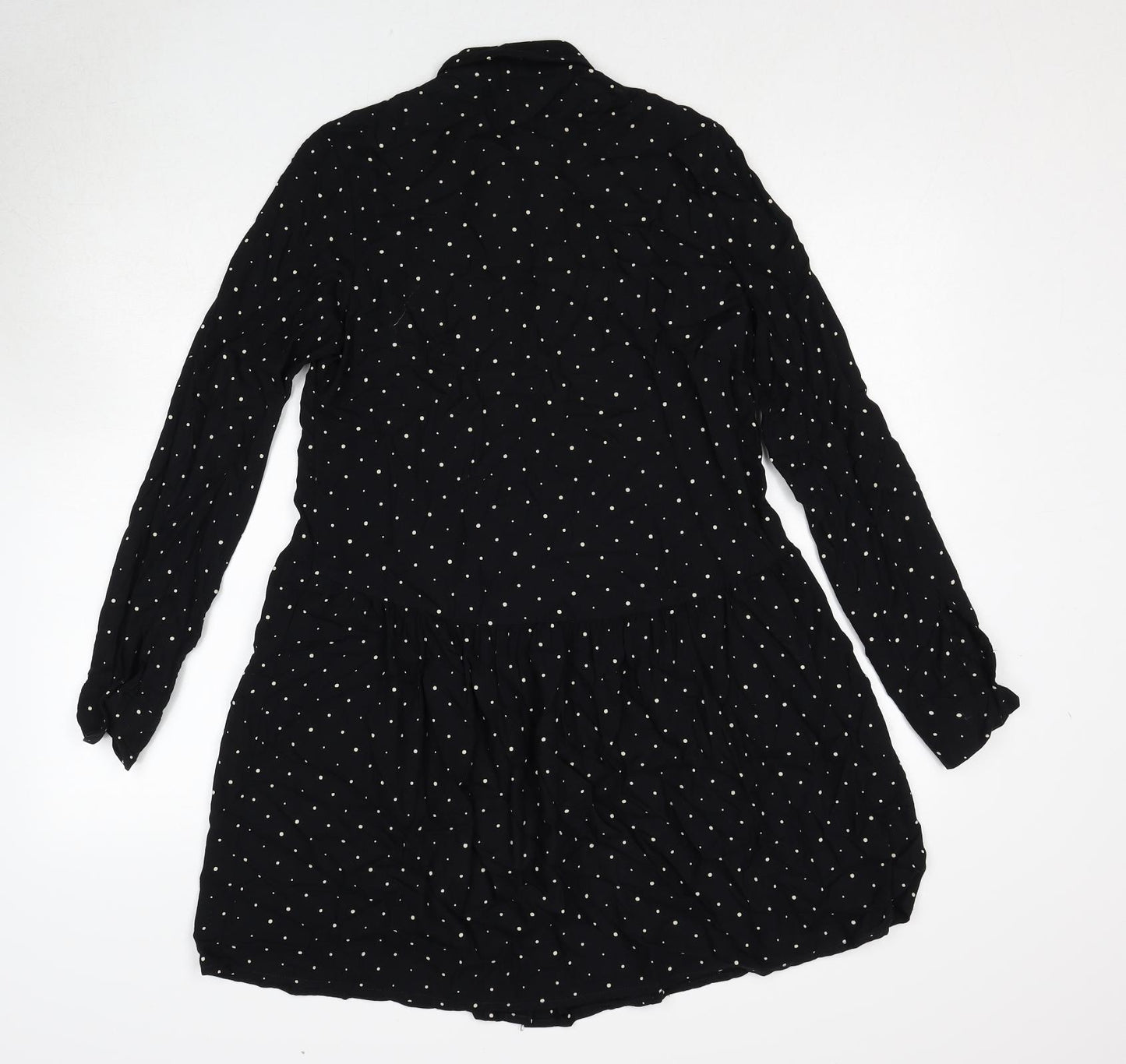 Stradivarius Womens Black Polka Dot Viscose Shirt Dress Size S Collared Button