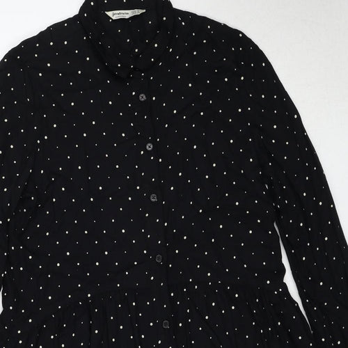 Stradivarius Womens Black Polka Dot Viscose Shirt Dress Size S Collared Button