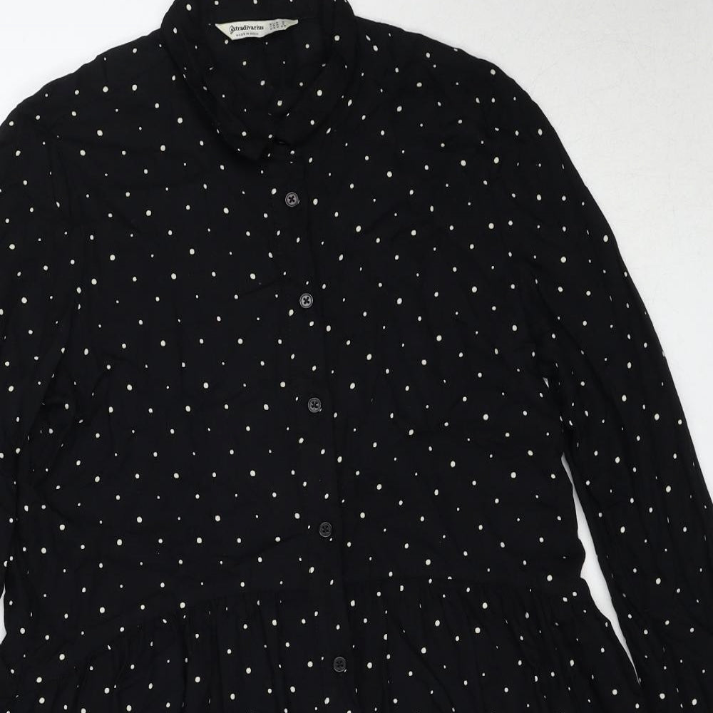 Stradivarius Womens Black Polka Dot Viscose Shirt Dress Size S Collared Button