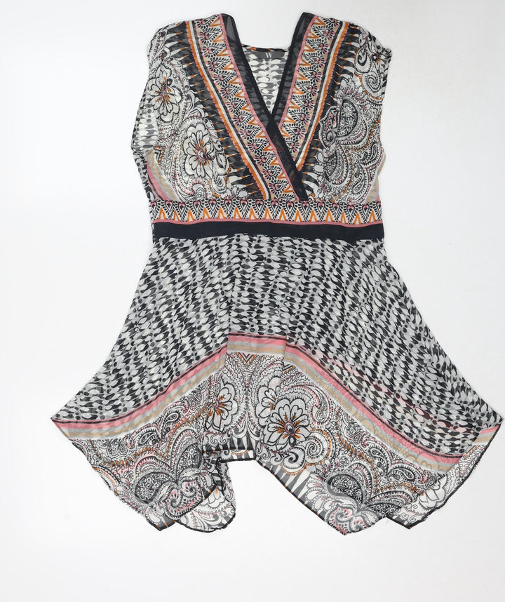 BHS Womens Multicoloured Geometric Polyester Basic Blouse Size 10 V-Neck