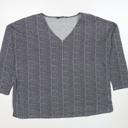 Bonmarché Womens Blue V-Neck Geometric Polyester Pullover Jumper Size 18
