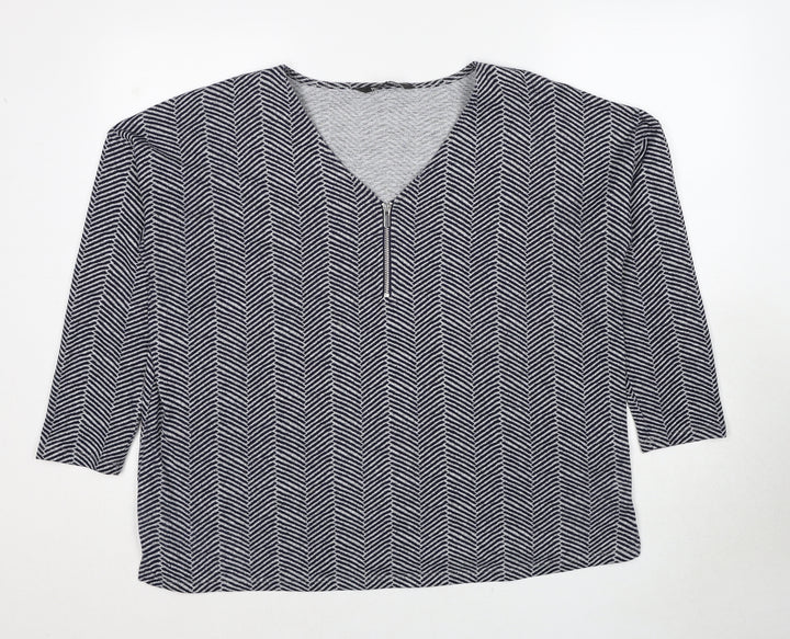 Bonmarché Womens Blue V-Neck Geometric Polyester Pullover Jumper Size 18