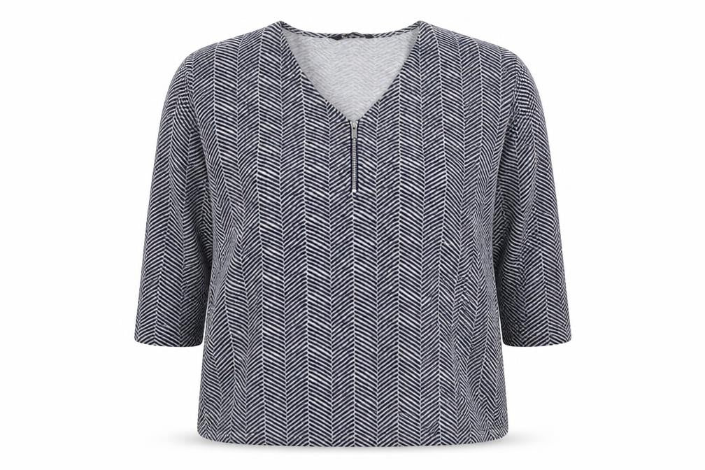 Front view of Bonmarché women’s blue v-neck geometric polyester jumper, size UK 18