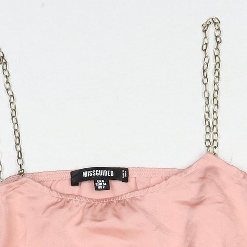 Missguided Womens Pink Polyester Cropped Tank Size 6 Square Neck - Chain Strap Detail