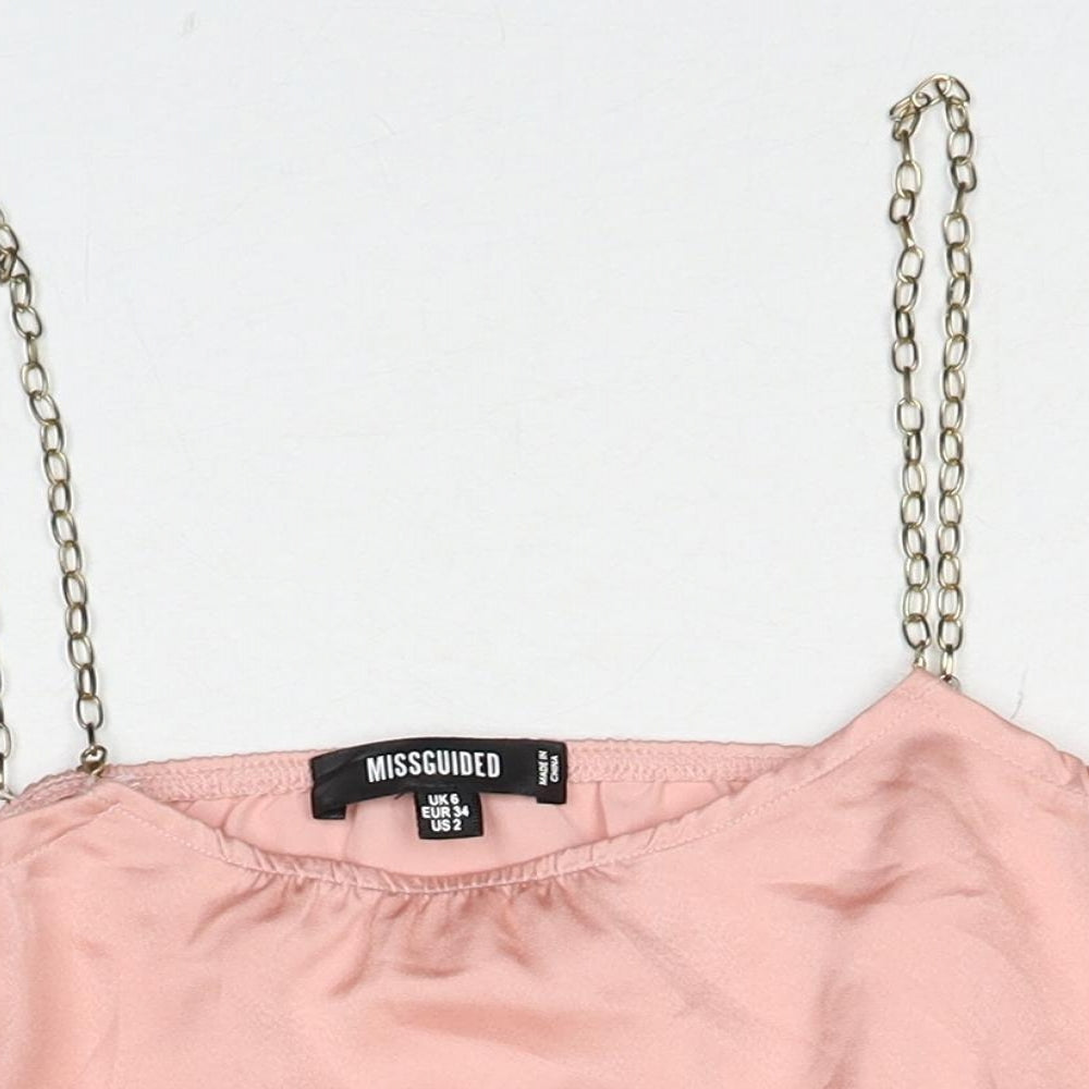 Missguided Womens Pink Polyester Cropped Tank Size 6 Square Neck - Chain Strap Detail