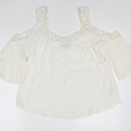 New Look Womens White Viscose Basic Blouse Size 12 Scoop Neck - Crocheted Lace Detail