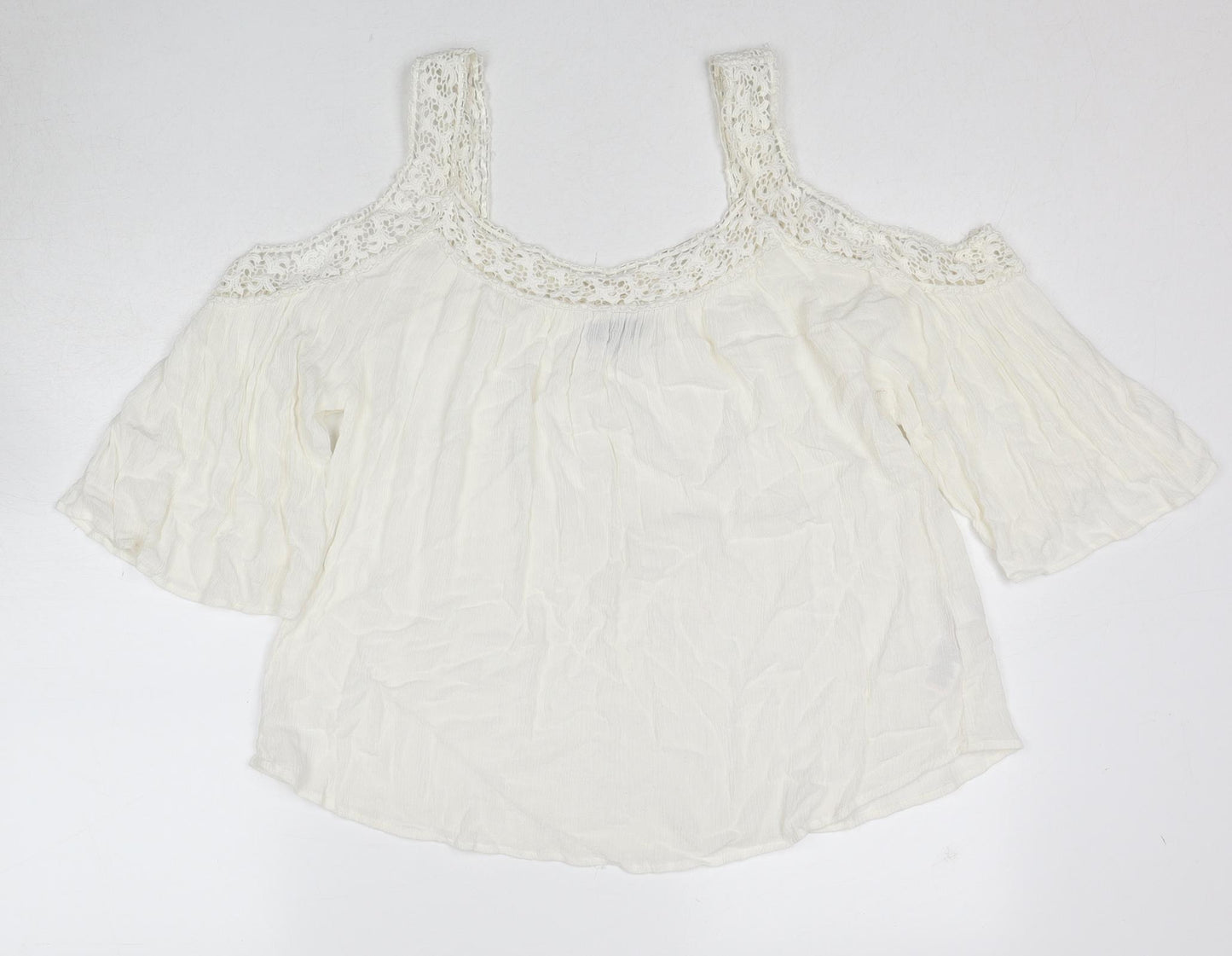 New Look Womens White Viscose Basic Blouse Size 12 Scoop Neck - Crocheted Lace Detail