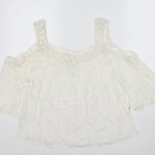 New Look Womens White Viscose Basic Blouse Size 12 Scoop Neck - Crocheted Lace Detail