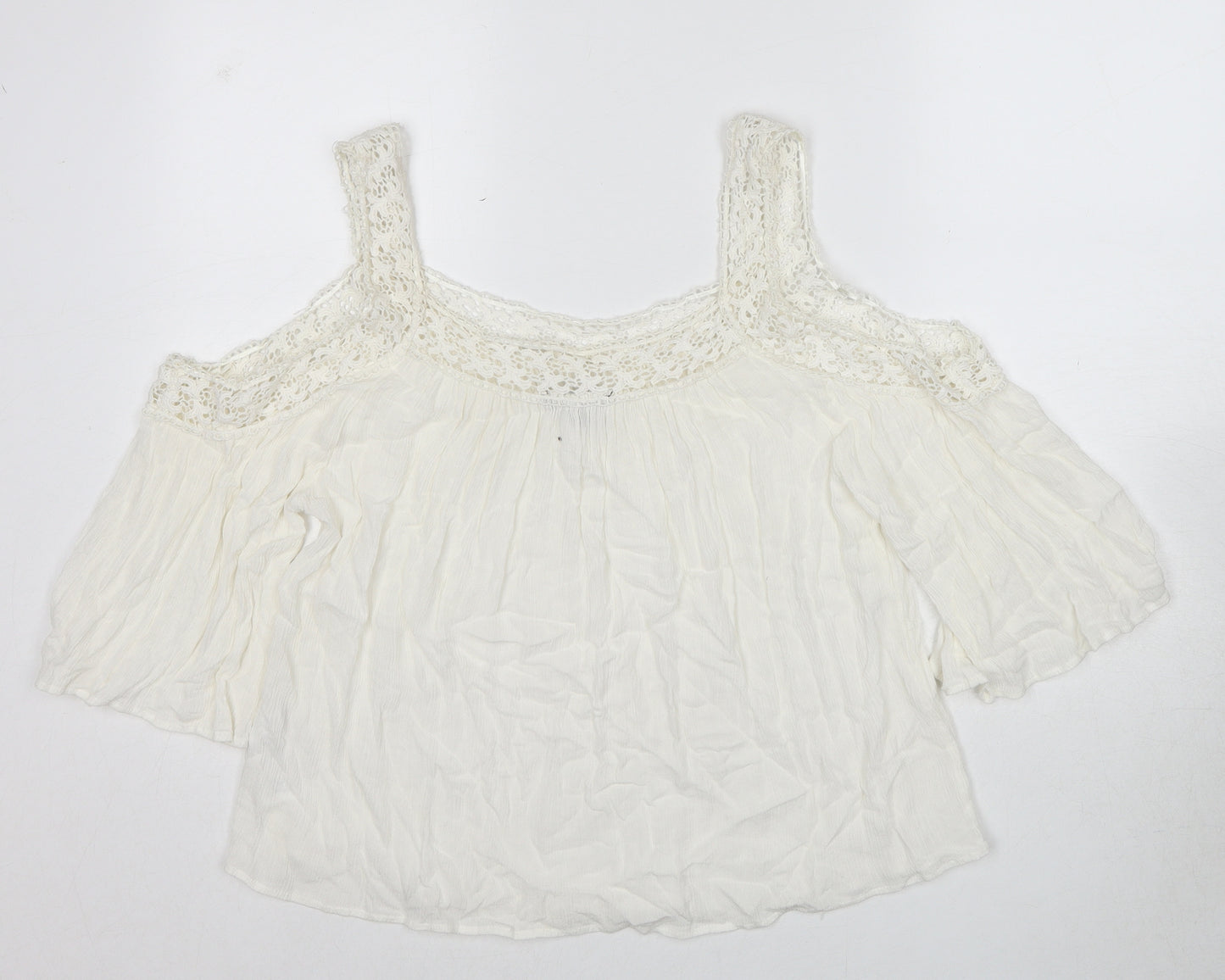 New Look Womens White Viscose Basic Blouse Size 12 Scoop Neck - Crocheted Lace Detail