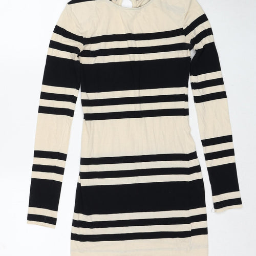 French Connection Womens Beige Colourblock Cotton A-Line Size 6 Round Neck Button