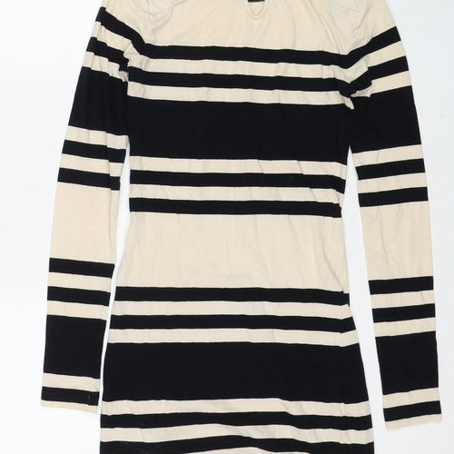 French Connection Womens Beige Colourblock Cotton A-Line Size 6 Round Neck Button