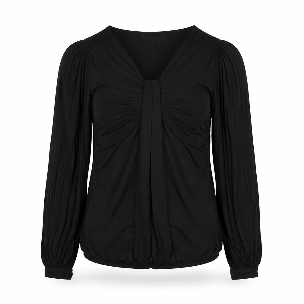 Front view of Debenhams women’s black polyester basic blouse, size UK 10, v-neck - ruched detail