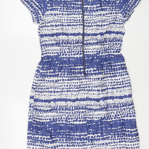 Marks and Spencer Womens Blue Geometric Cotton A-Line Size 14 Round Neck Zip