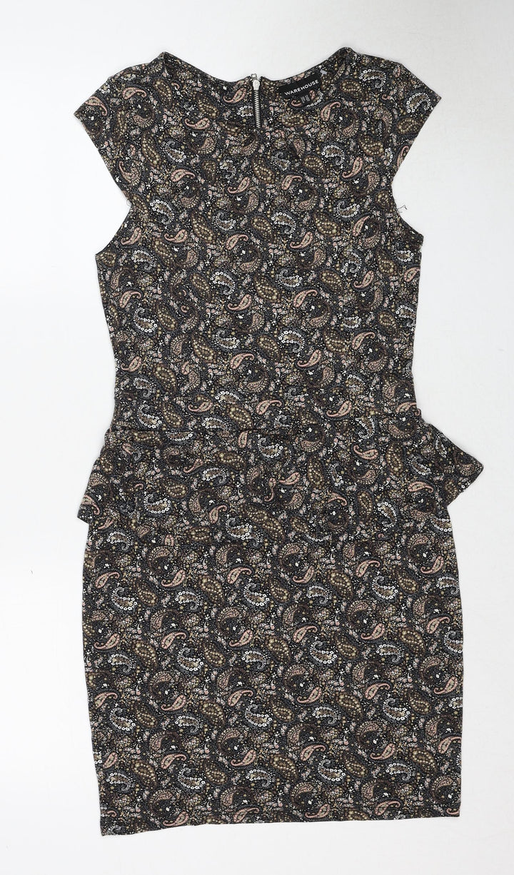 Warehouse Womens Multicoloured Paisley Viscose A-Line Size 12 Round Neck Zip