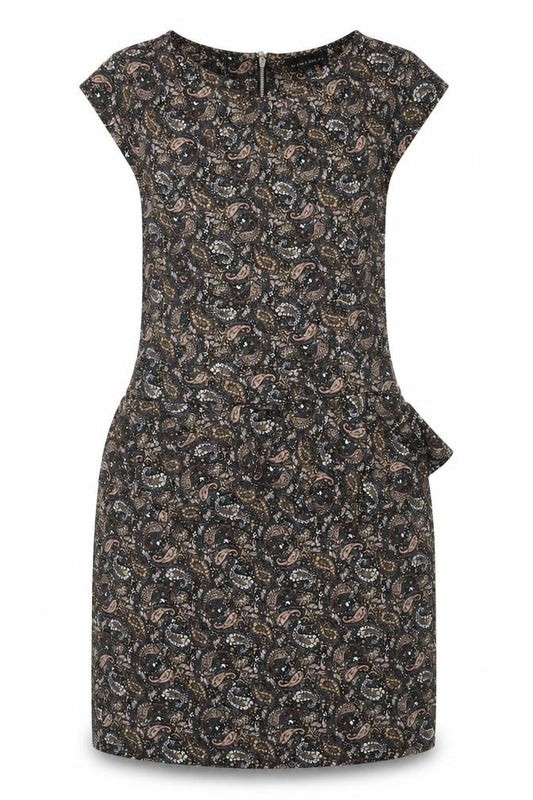 Front view of Warehouse women’s multicoloured paisley viscose a-line, size UK 12, round neck zip