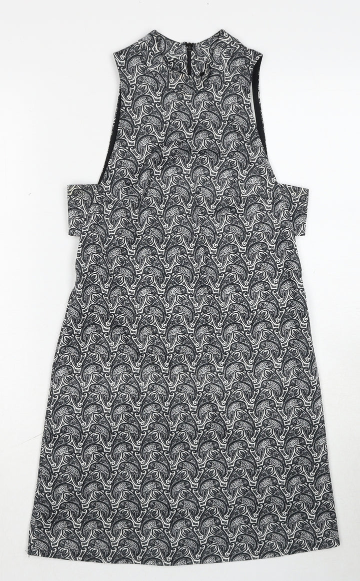 Topshop Womens Black Geometric Polyester A-Line Size 8 Round Neck Zip