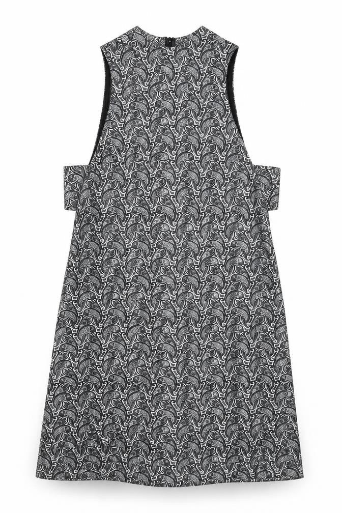 Front view of Topshop women’s black geometric polyester a-line, size UK 8, round neck zip
