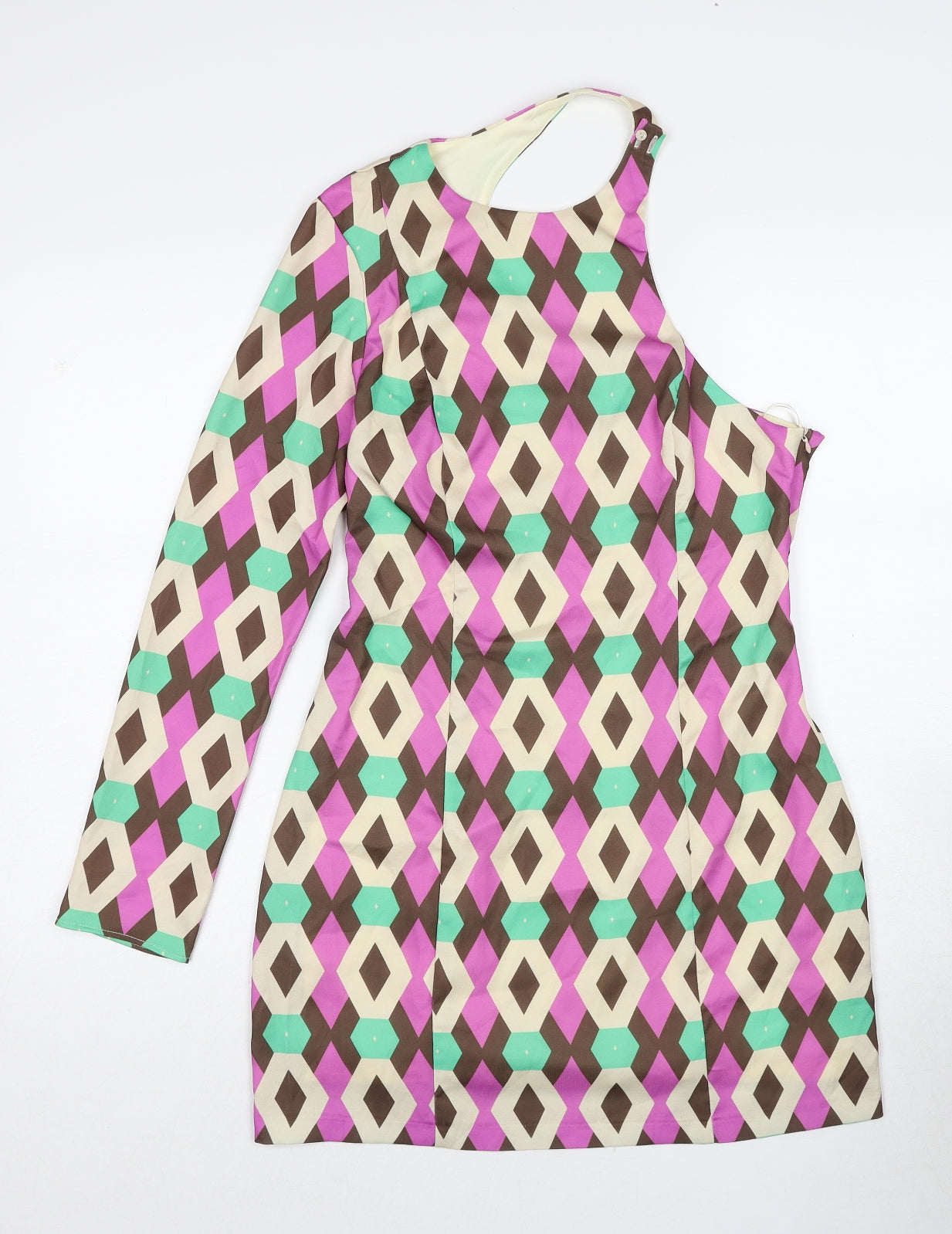 Zara Womens Multicoloured Geometric Polyester Fit & Flare Size S One Shoulder Zip