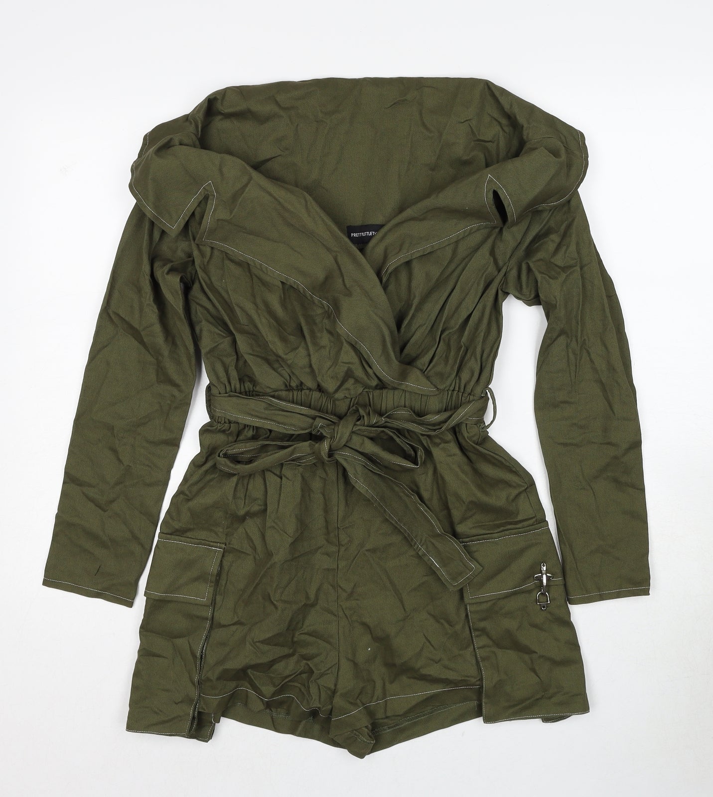 PRETTYLITTLETHING Womens Green Cotton Playsuit One-Piece Size 8 Pullover