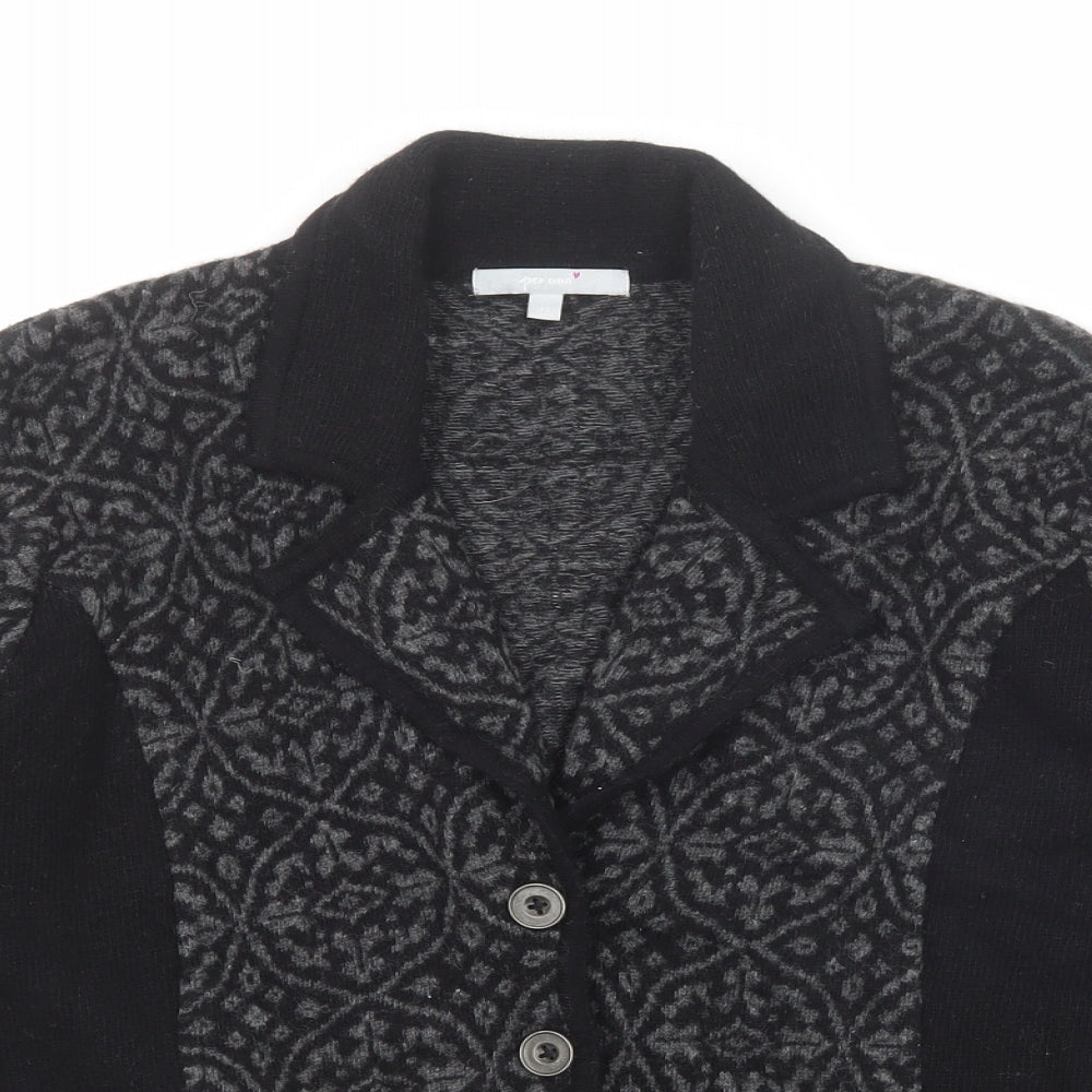 Per Una Womens Black Collared Geometric Wool Cardigan Jumper Size 14