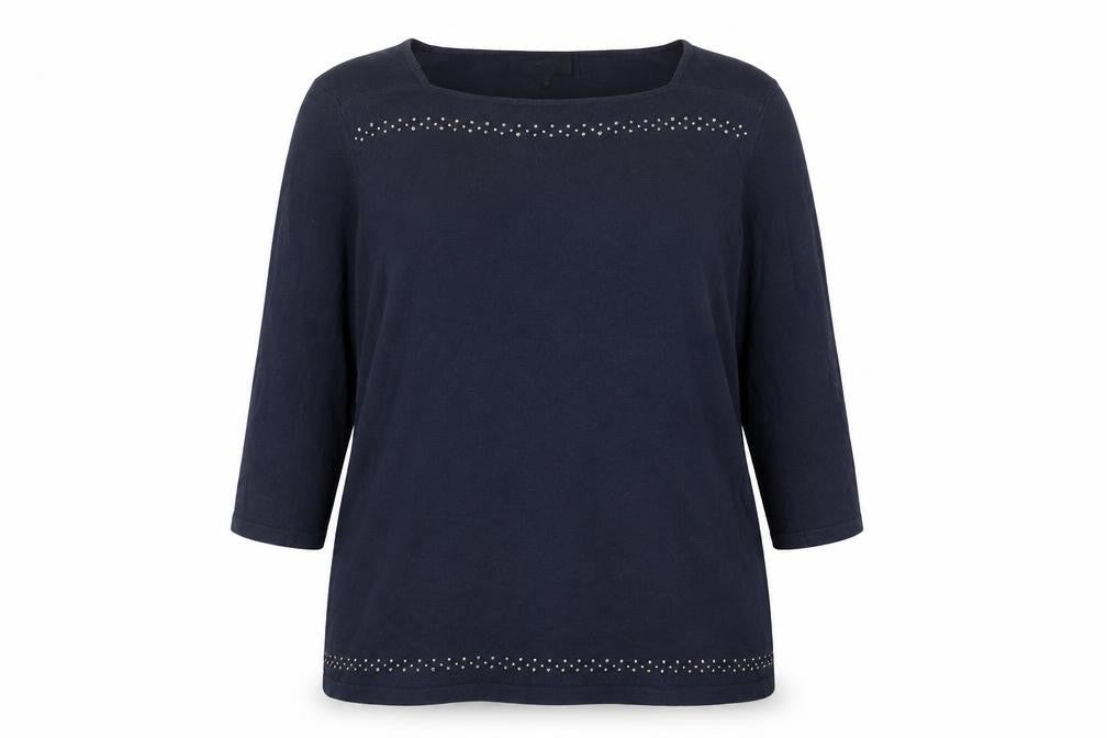 Front view of Next women’s blue square neck acrylic jumper, size UK 18