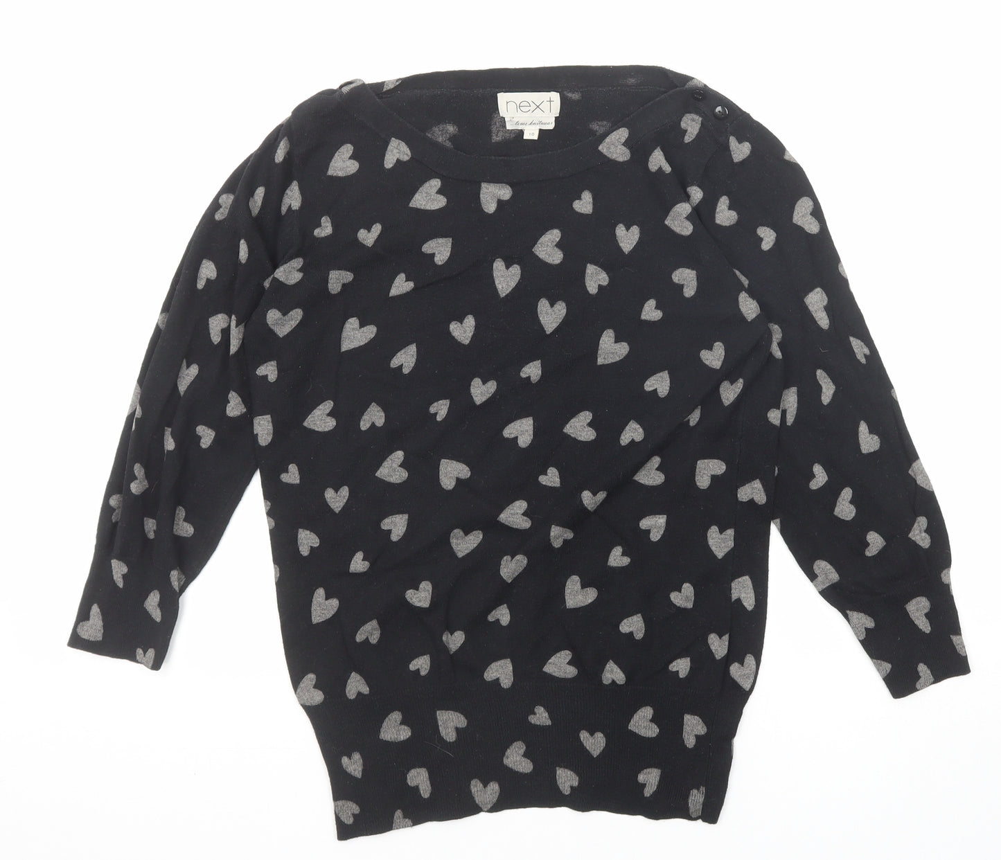 NEXT Womens Black Round Neck Geometric Cotton Pullover Jumper Size 10 - Heart Pattern