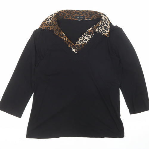 Two Tone Womens Black Viscose Basic Blouse Size 12 Collared - Leopard Print Detail