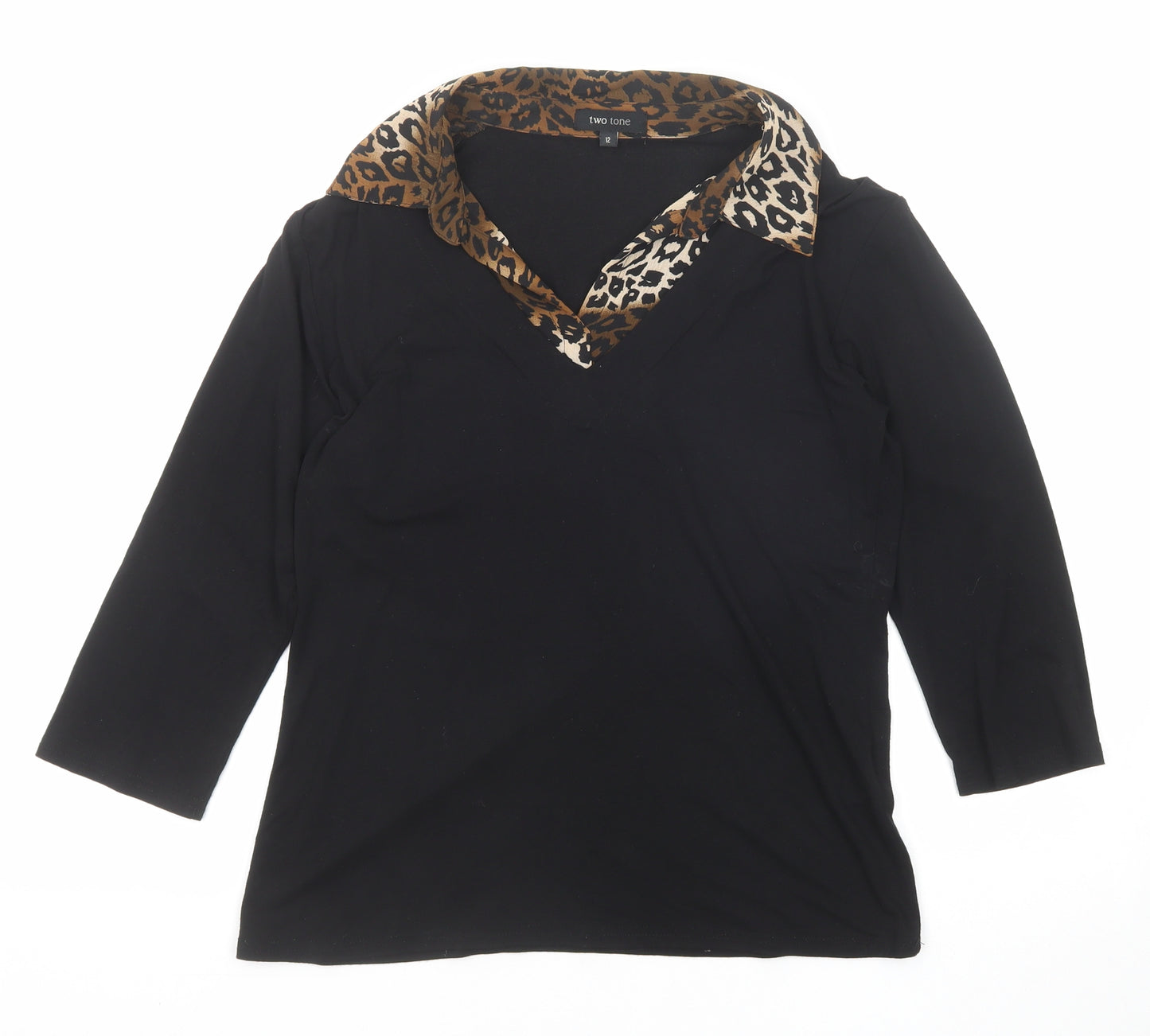 Two Tone Womens Black Viscose Basic Blouse Size 12 Collared - Leopard Print Detail
