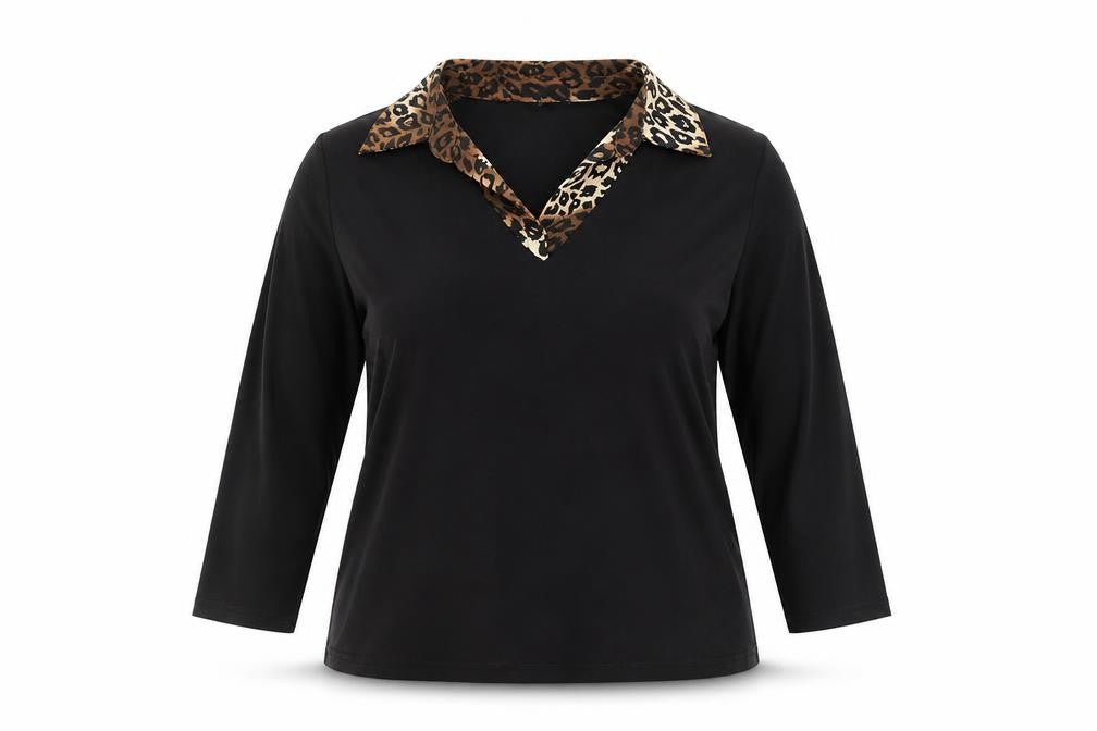 Two Tone Womens Black Viscose Basic Blouse Size 12 Collared - Leopard Print Detail