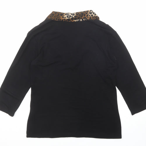 Two Tone Womens Black Viscose Basic Blouse Size 12 Collared - Leopard Print Detail