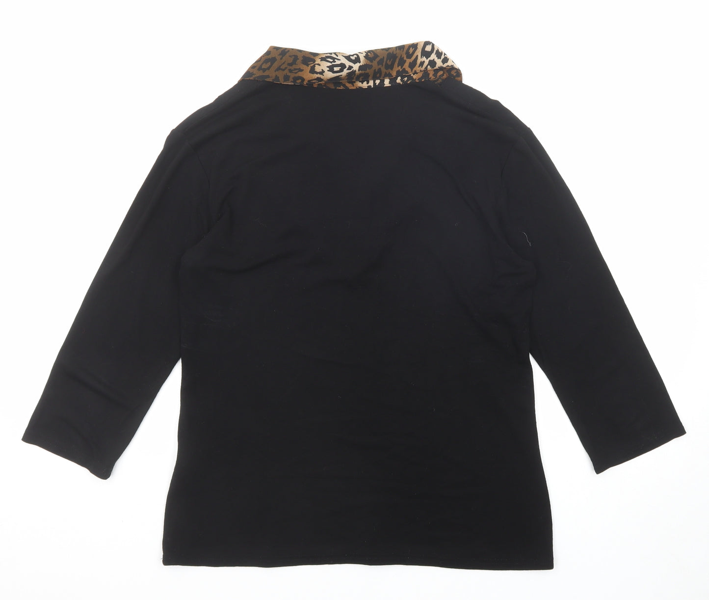 Two Tone Womens Black Viscose Basic Blouse Size 12 Collared - Leopard Print Detail