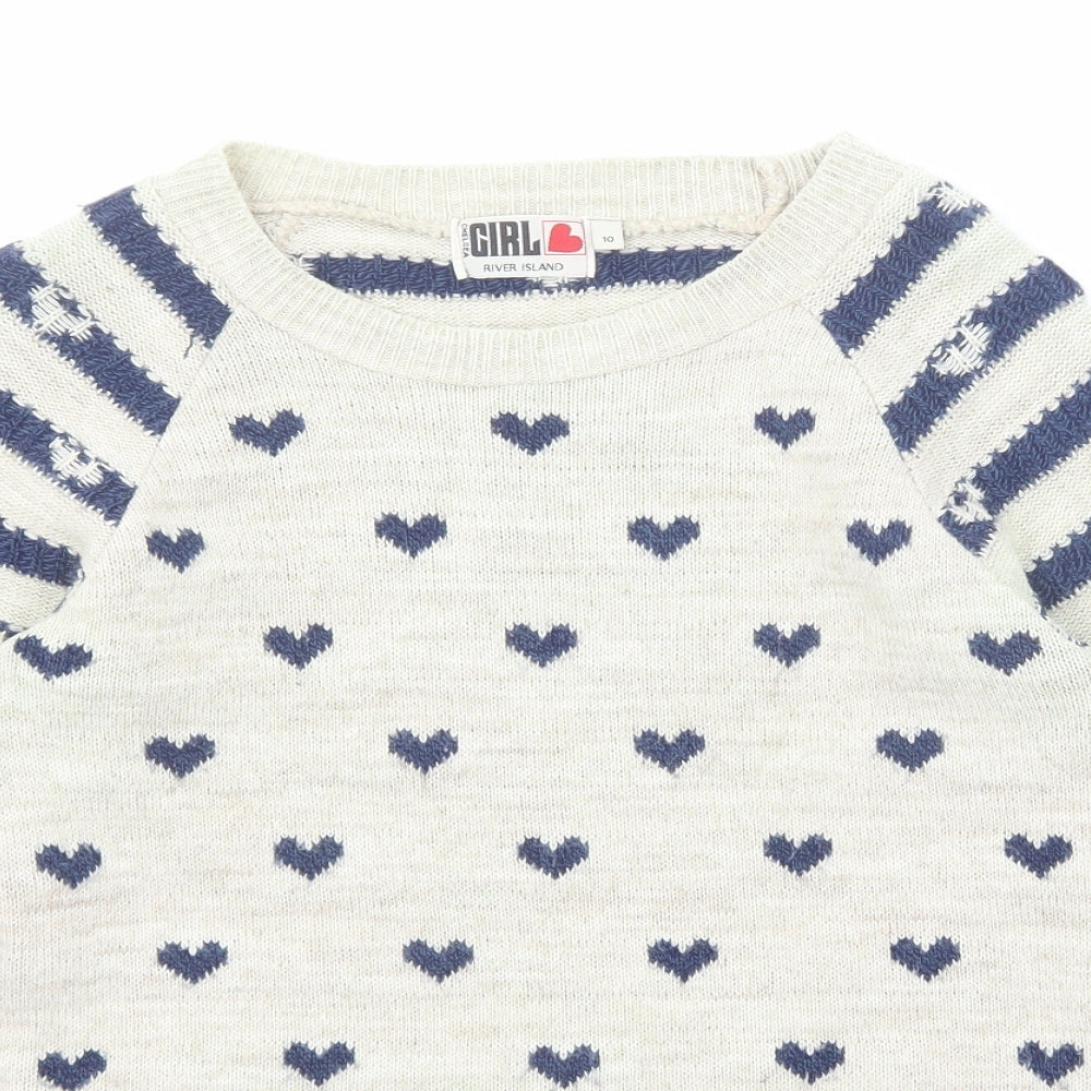 River Island Womens Beige Round Neck Geometric Acrylic Pullover Jumper Size 10 - Heart Pattern