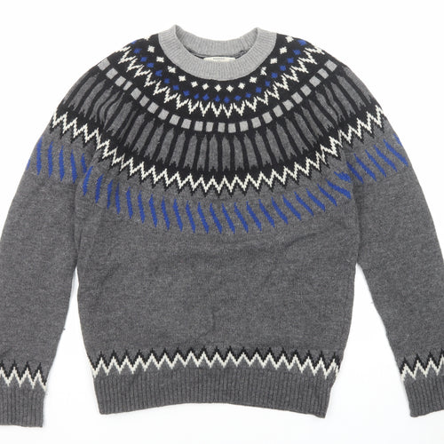 Mango Mens Grey Round Neck Fair Isle Wool Pullover Jumper Size S Long Sleeve