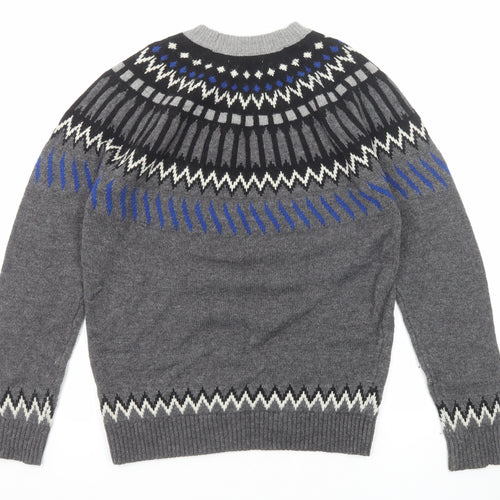 Mango Mens Grey Round Neck Fair Isle Wool Pullover Jumper Size S Long Sleeve