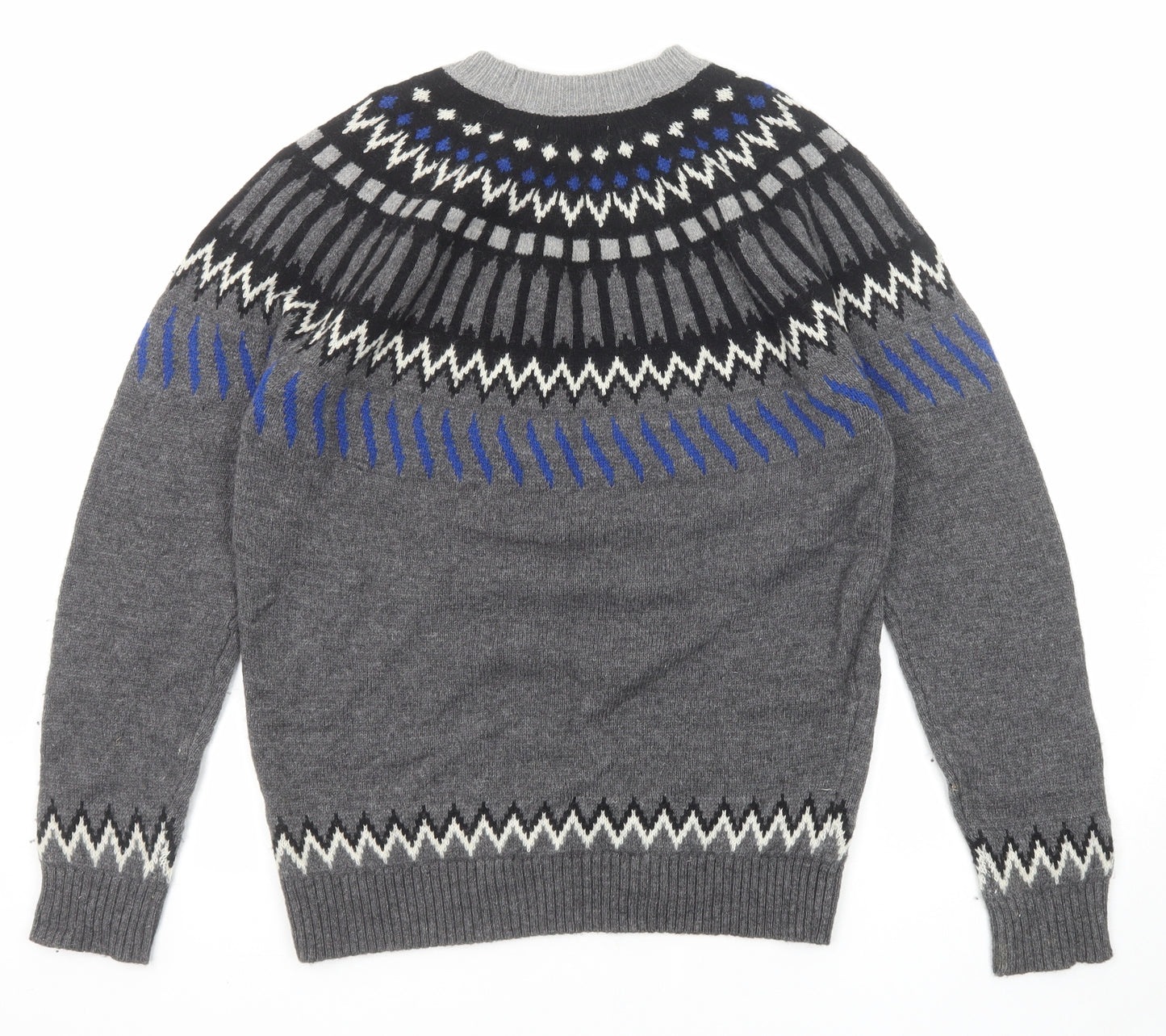 Mango Mens Grey Round Neck Fair Isle Wool Pullover Jumper Size S Long Sleeve