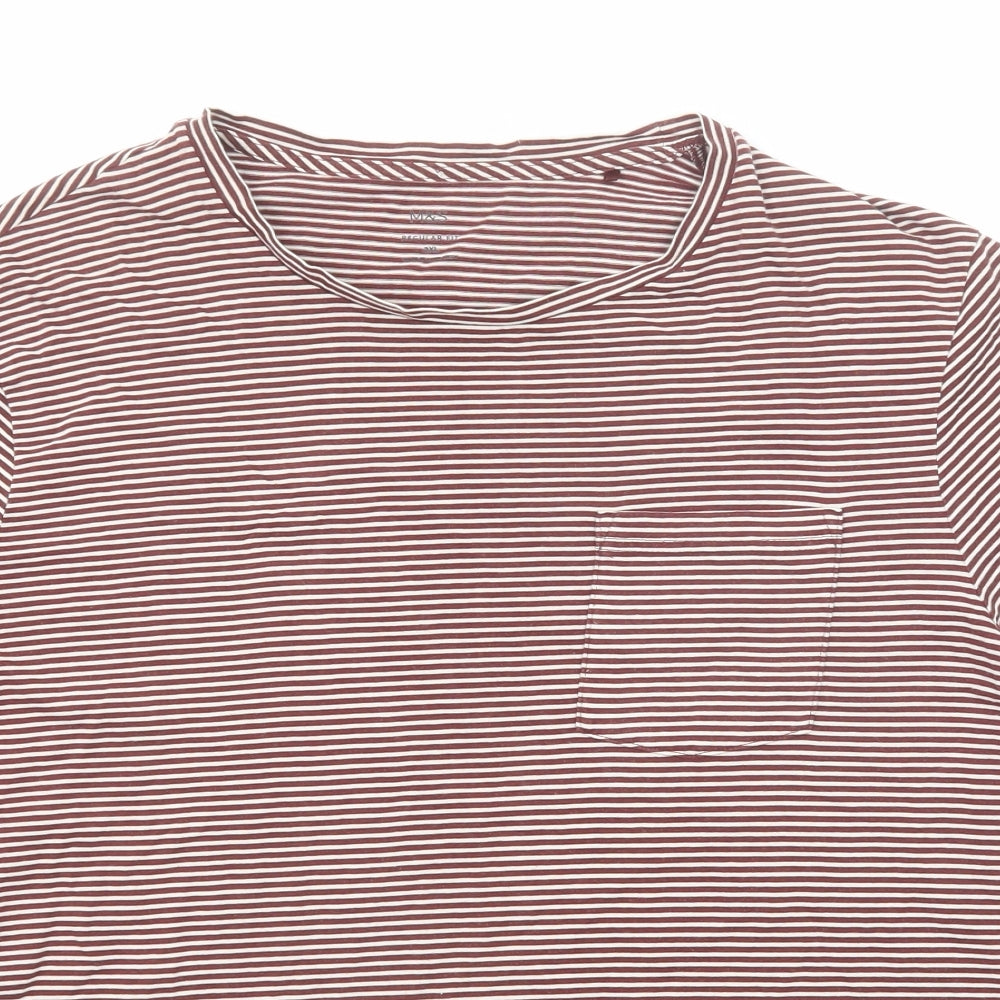 Marks and Spencer Womens Brown Striped Cotton Basic T-Shirt Size 2XL Round Neck