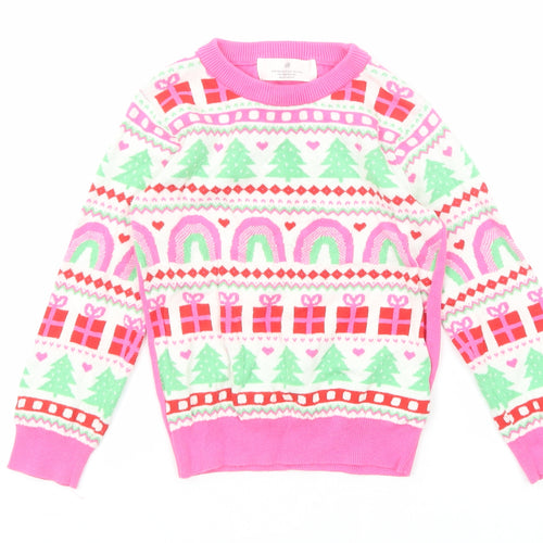 H&M Girls Pink Round Neck Geometric Cotton Pullover Jumper Size 2-3 Years Pullover - Christmas