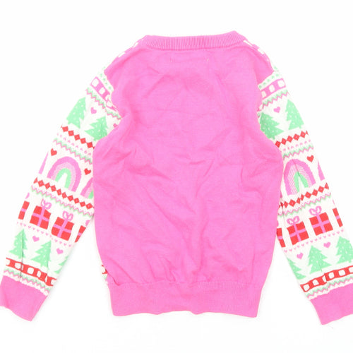 H&M Girls Pink Round Neck Geometric Cotton Pullover Jumper Size 2-3 Years Pullover - Christmas